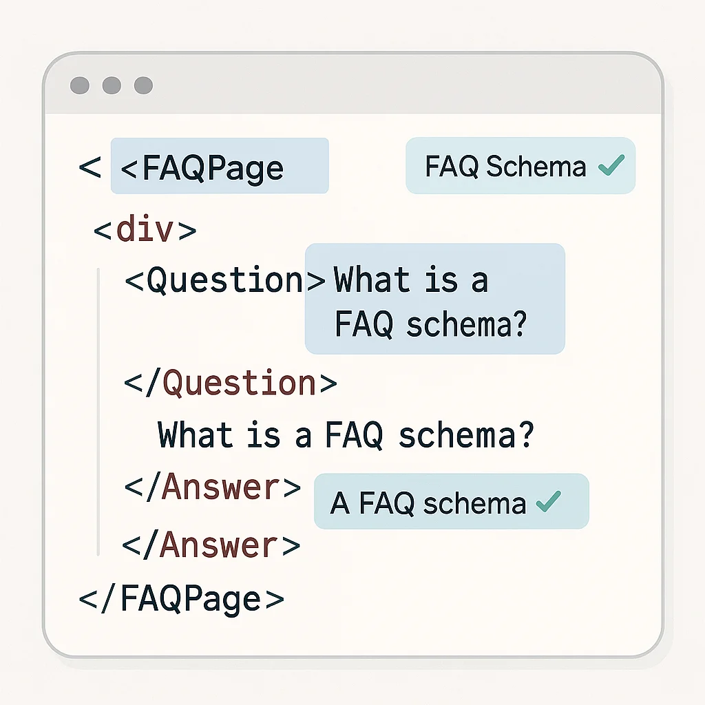 Nahaufnahme von strukturiertem HTML-Code mit FAQ-Schema-Markup auf einem Bildschirm