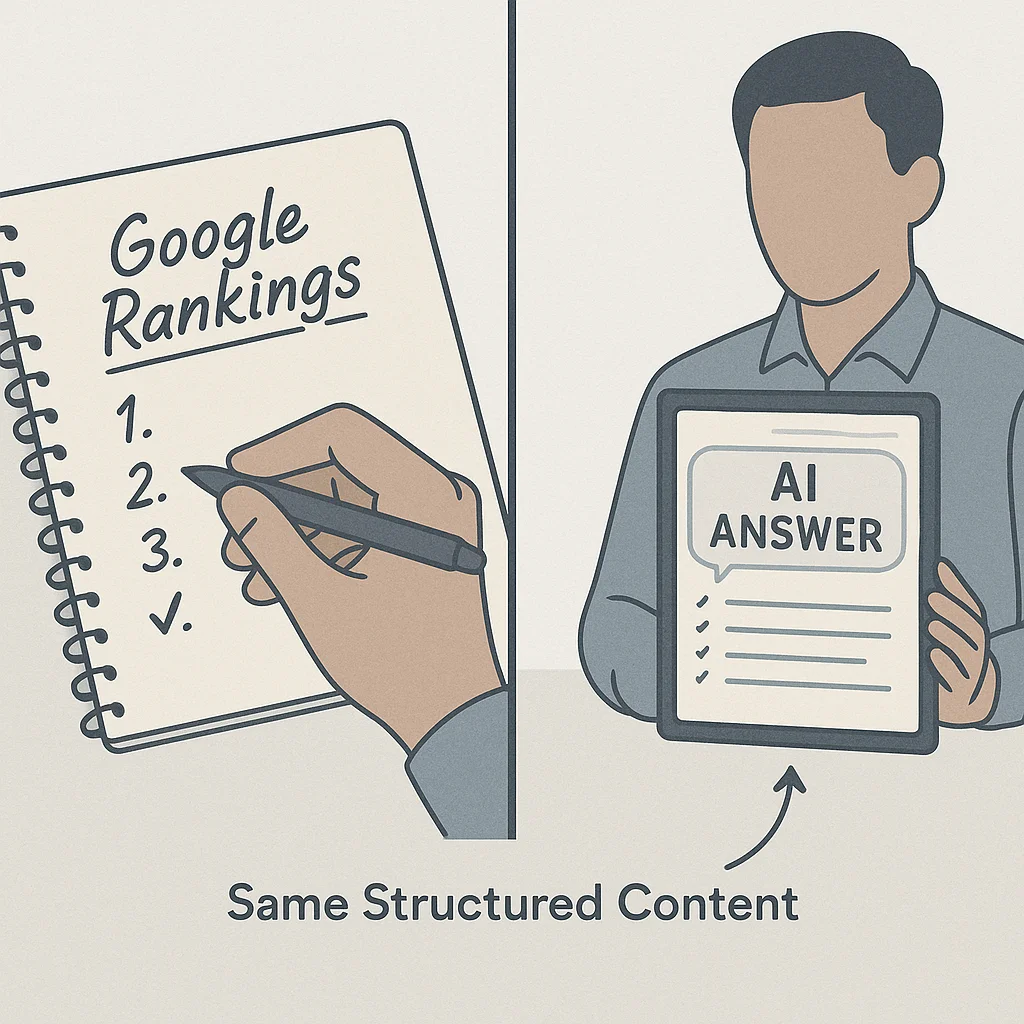 Person vergleicht handschriftliche Notizen zu Google-Rankings mit einer KI-Chat-Antwort auf einem Tablet