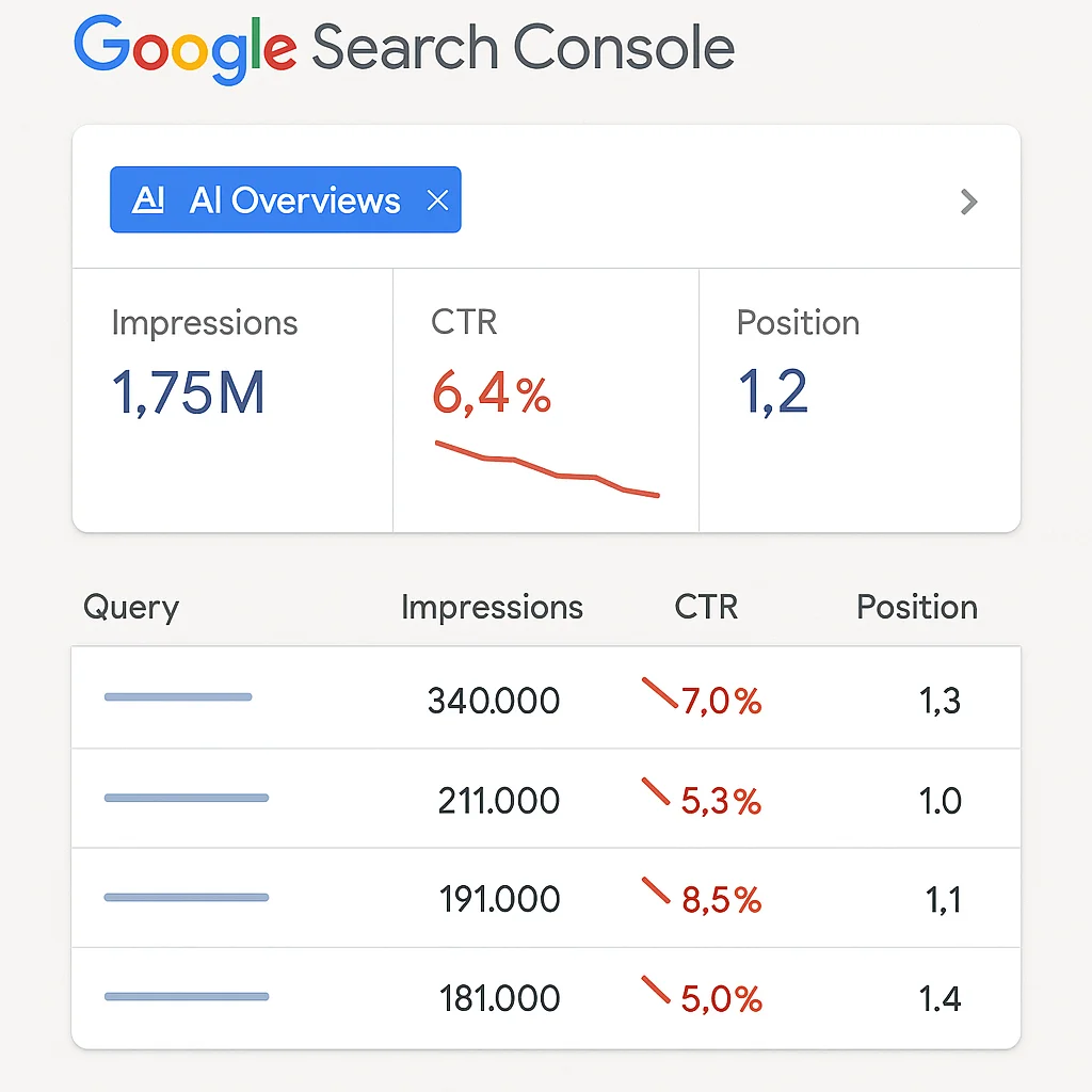 Google Search Console Performance-Report mit Filter auf AI Overviews und sinkender Klickrate trotz Top-Position
