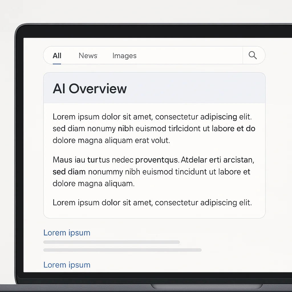 Nahaufnahme eines Laptop-Bildschirms mit Google-Suchergebnis, bei dem der AI Overview Kasten fast den gesamten sichtbaren Bereich einnimmt