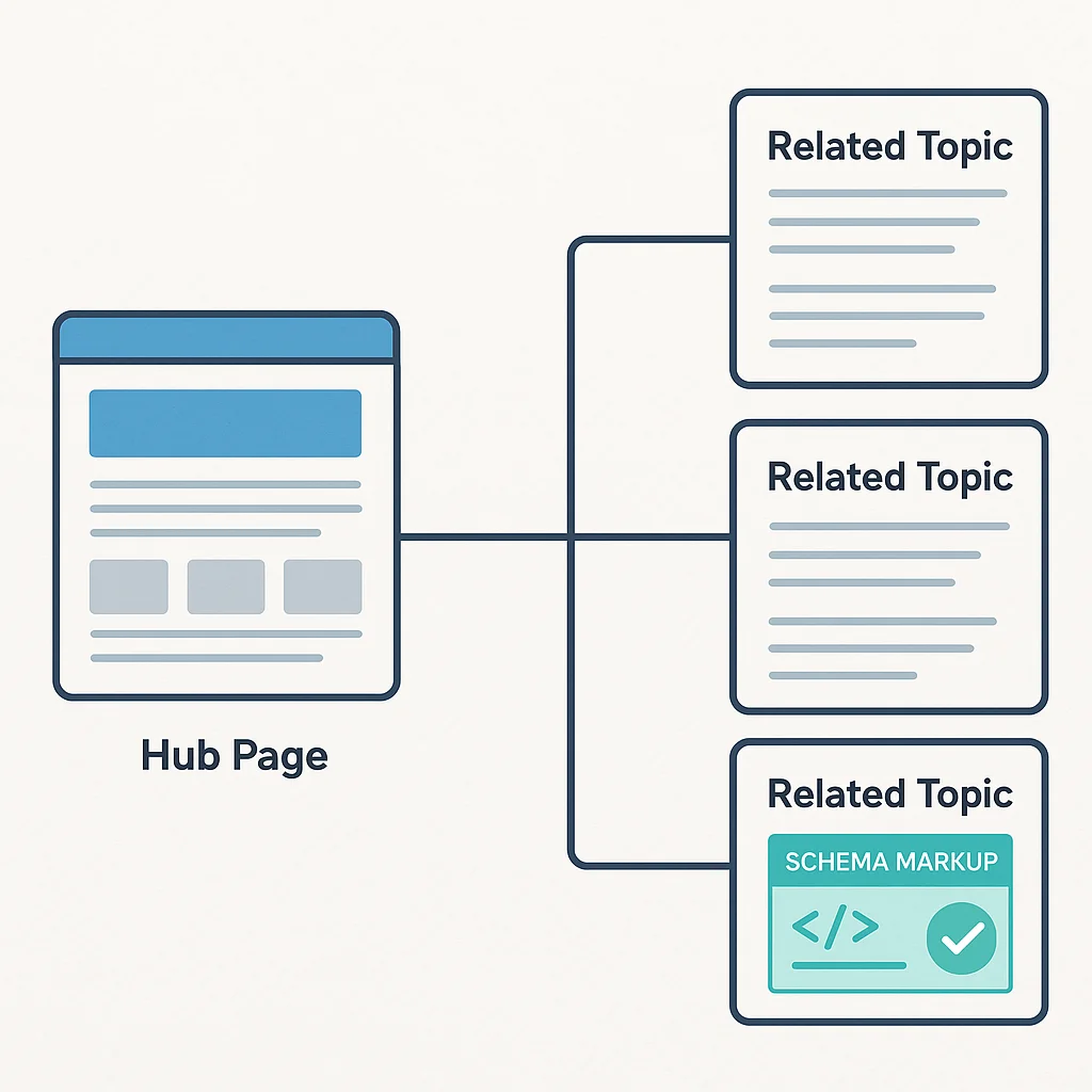 Grafik einer Website-Architektur mit thematisch verknüpften Artikeln und Schema-Markup
