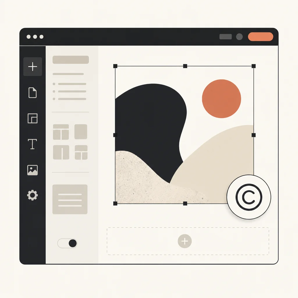 Website-Editor zeigt nebeneinander ein KI-generiertes Bild und ein eingeblendetes Copyright-Symbol