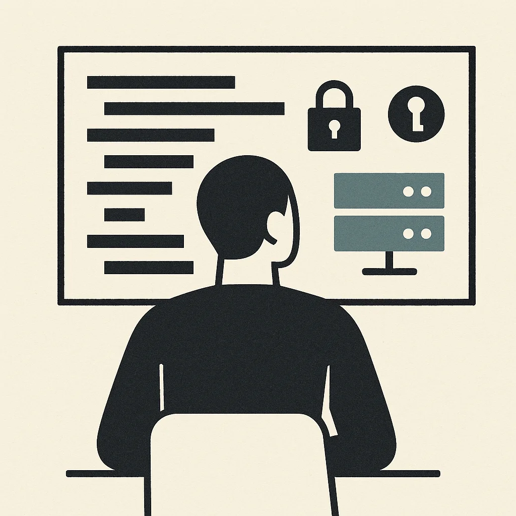 Entwickler prüft Zugriffsrechte und API-Logs an einem Bildschirm mit Code