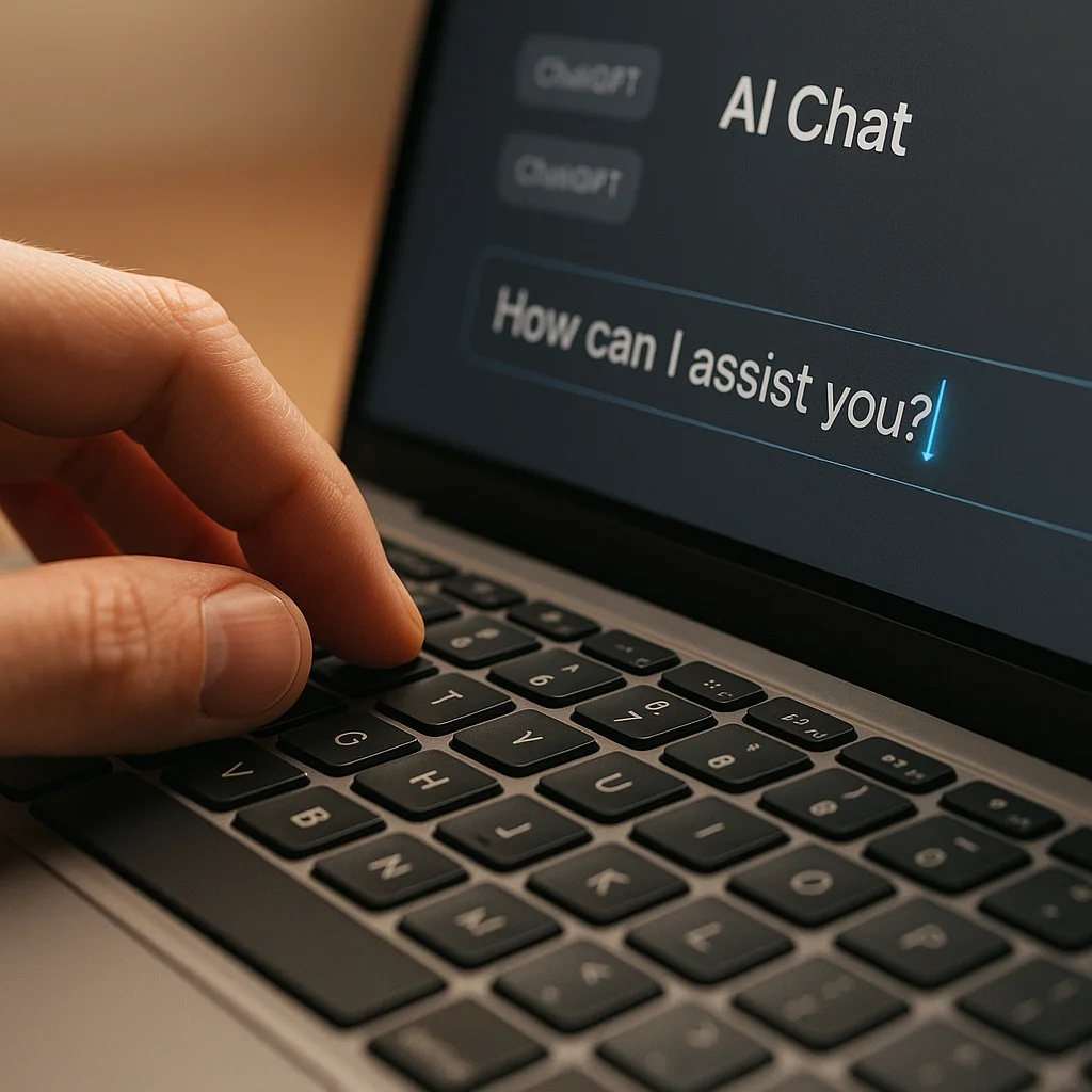 Nahaufnahme einer Hand, die eine Frage in ein KI-Chat-Fenster auf dem Laptop tippt