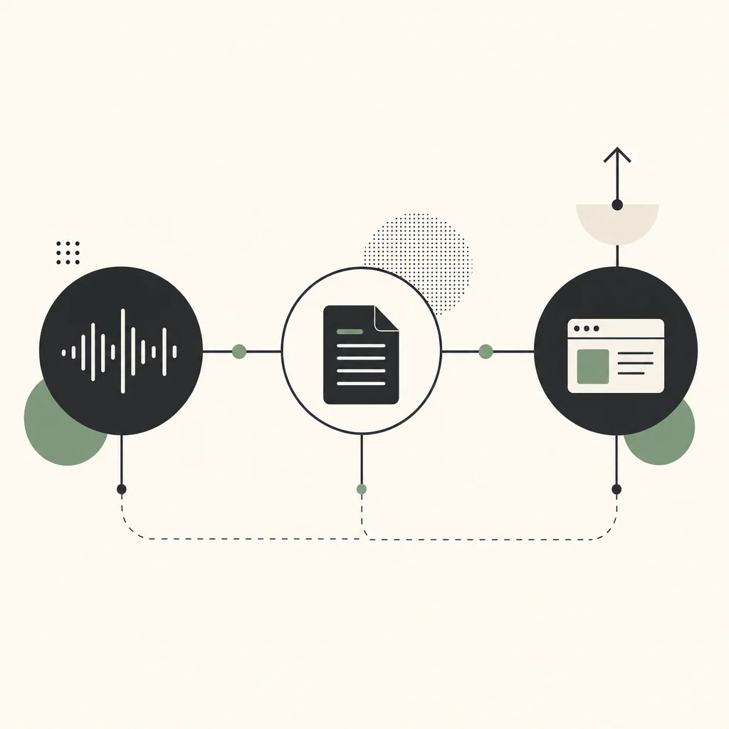 n8n-Workflow mit Knoten für Audioextraktion, Transkription und CMS-Upload