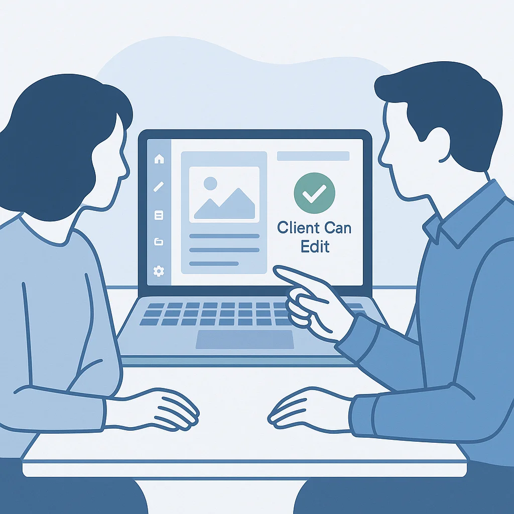 Kundengespräch am Laptop mit geöffnetem CMS-Backend während der Website-Übergabe