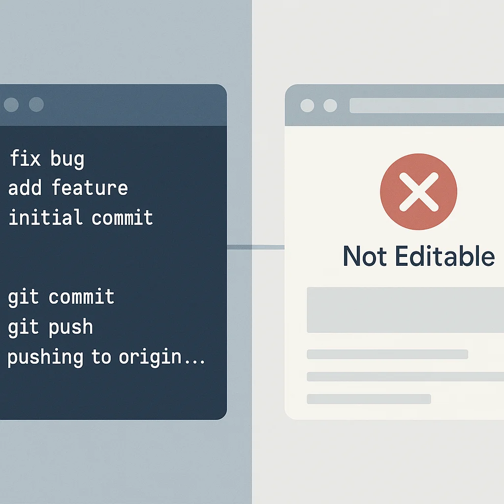 Code-Editor mit Git-Commit-Verlauf neben einer leeren, unbearbeitbaren Website-Vorschau