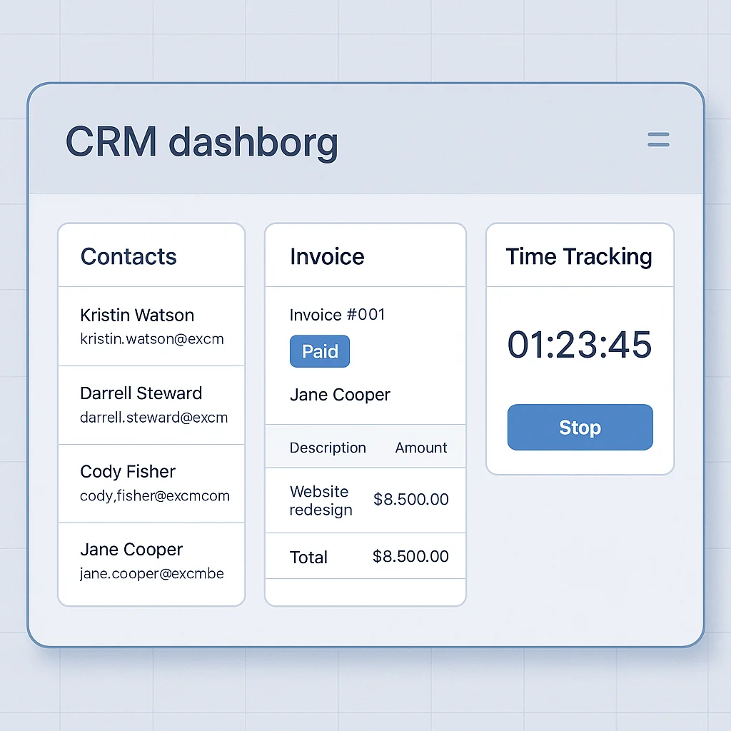 Nahaufnahme eines CRM-Dashboards mit Kontakten, Rechnung und Zeiterfassung in einer Ansicht
