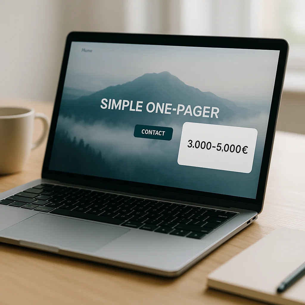 Laptop-Bildschirm mit einfacher One-Pager-Website und Preisübersicht