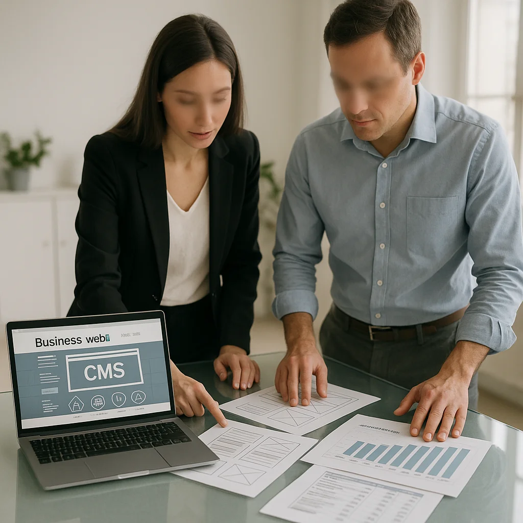 Team bespricht Wireframes und Budgetplan für eine Business-Website