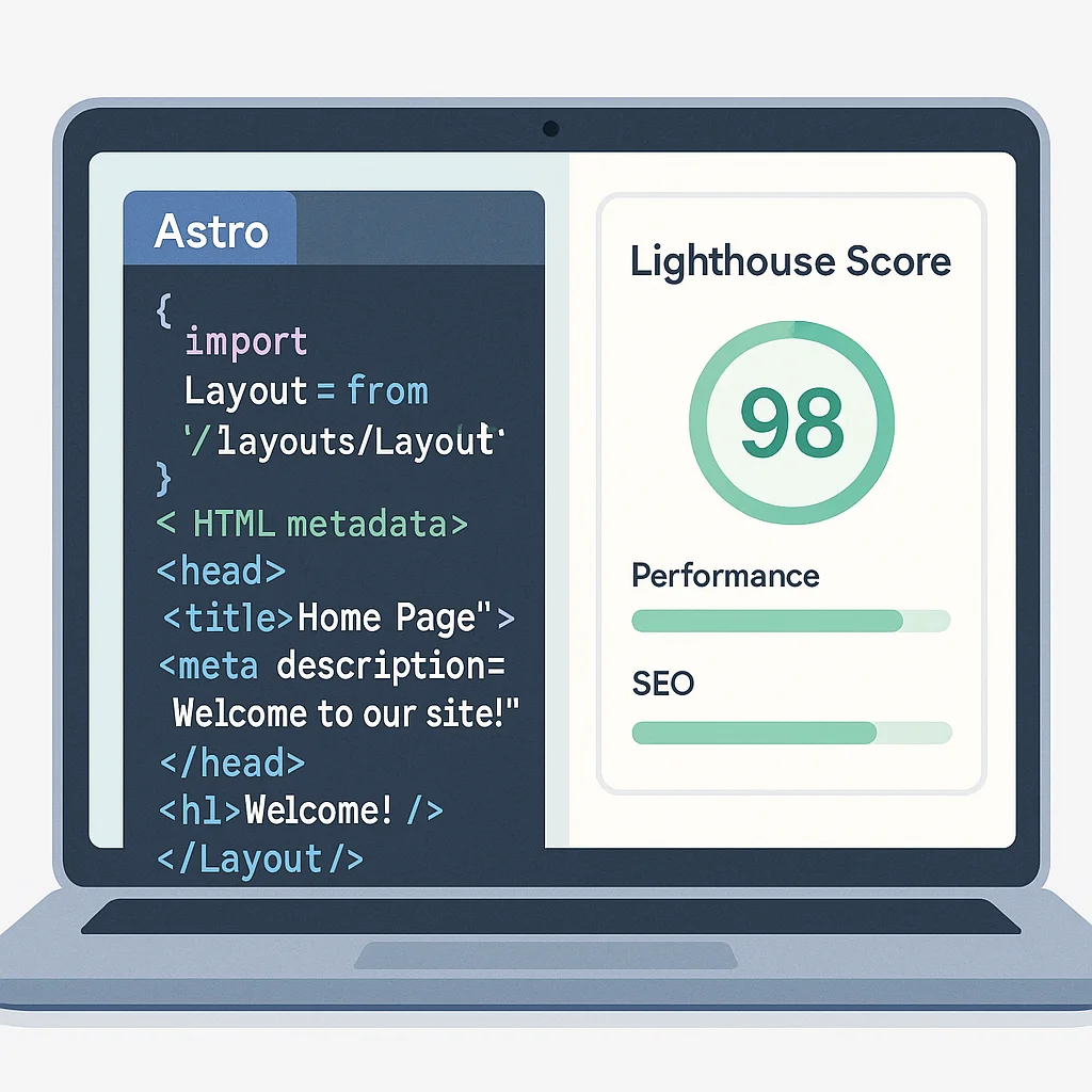 Nahaufnahme eines Laptop-Bildschirms mit Astro-Projektcode und Lighthouse-Performance-Werten