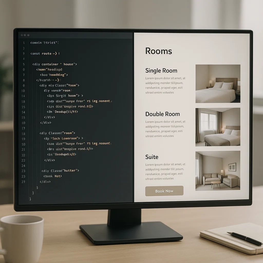 Bildschirm mit Code-Editor und generiertem Website-Layout im Vergleich