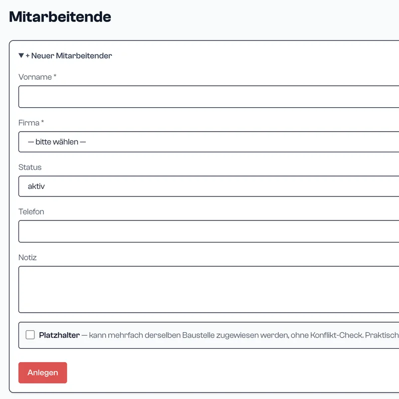 M+T Planungs-App – Formular zum Anlegen von Mitarbeitenden