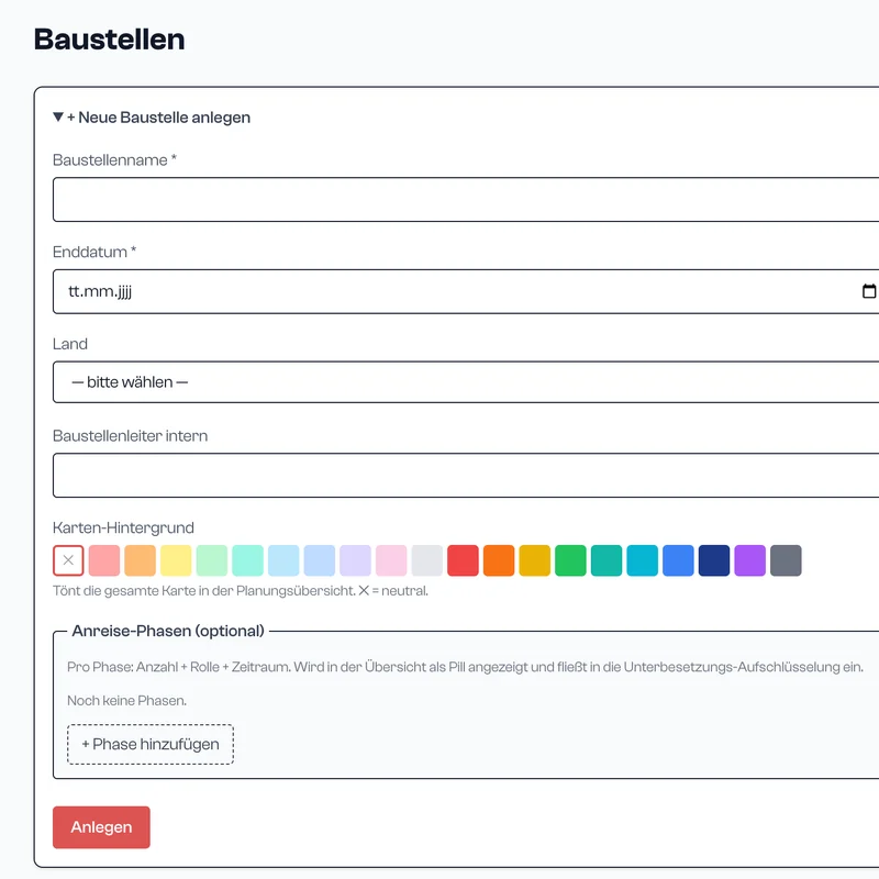 M+T Planungs-App – Formular zum Anlegen einer Baustelle