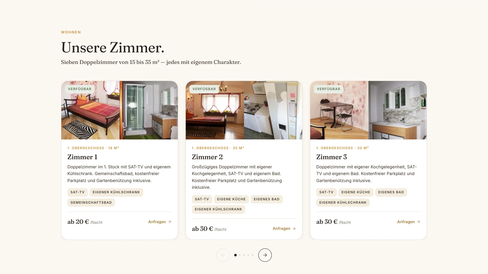 Zimmer Kronstorf – Detailansicht der Website am Desktop